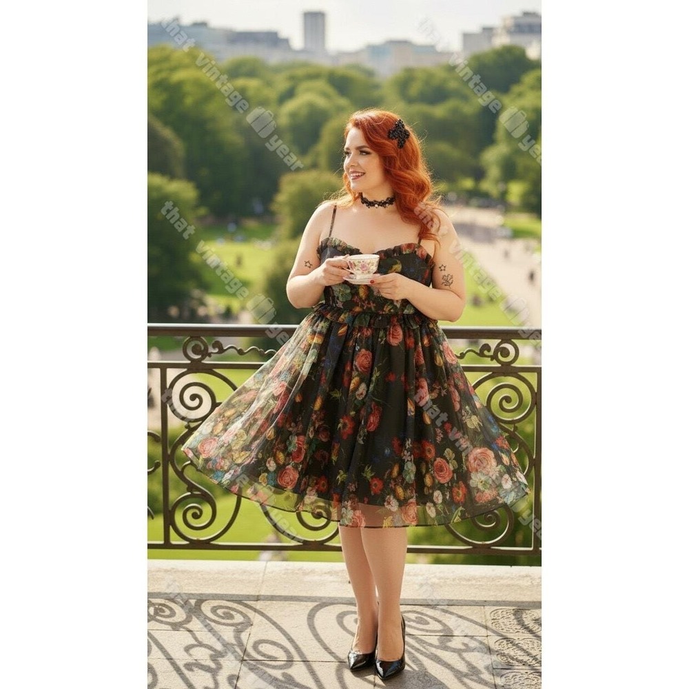 Selkie Anthropologie Rosebud Ruffled Floral Empire-Waist Mini Dress, Black 2X